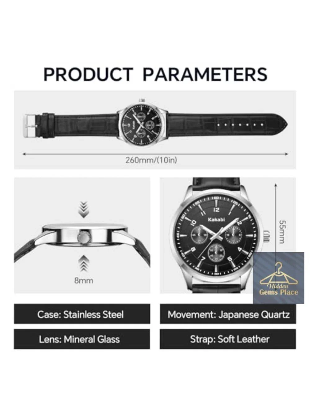 Men's 45mm Quartz Watch with Leather Strap